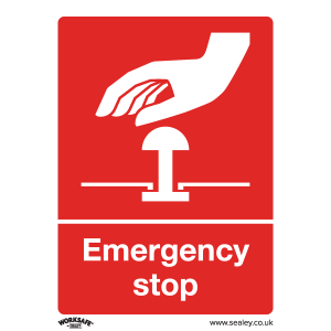 Worksafe Emergency Stop Safety Sign, Self-Adhesive Vinyl - Pack of 10 Worksafe Emergency Stop Safety Sign, Self-Adhesive Vinyl - Pack of 10